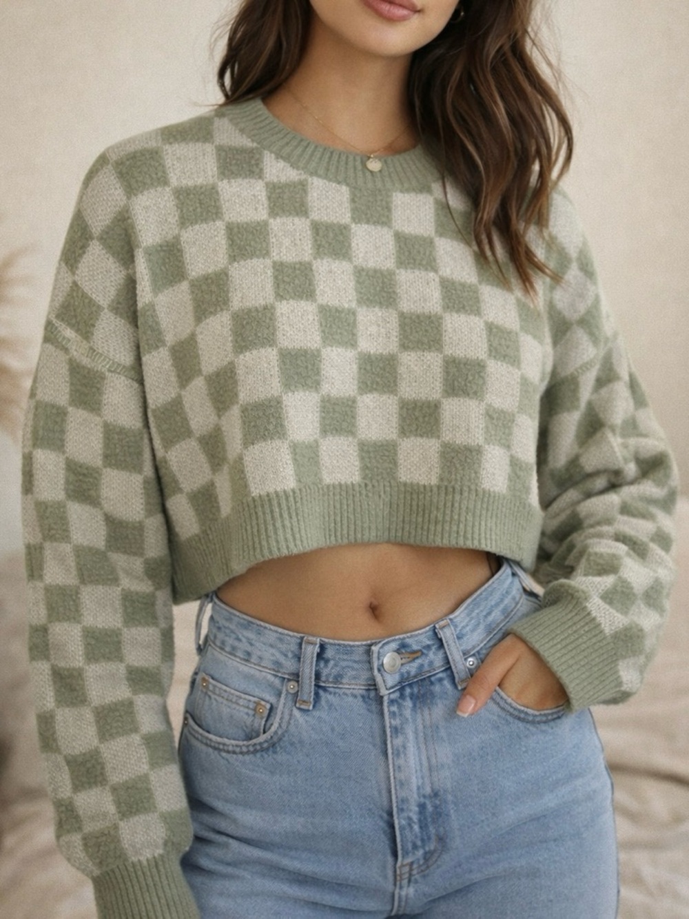 Cropped Checkerboard Knit Sweater - Sage/Cream | Size Small